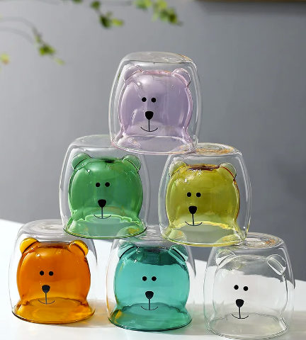 Cute Colorful Bear Double Wall Heat Resistant Glass Coffee Cup
