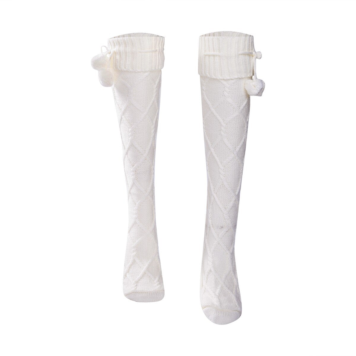 Winter Cable Knitted Cotton Thigh High Cozy Stocking with Pom Pom