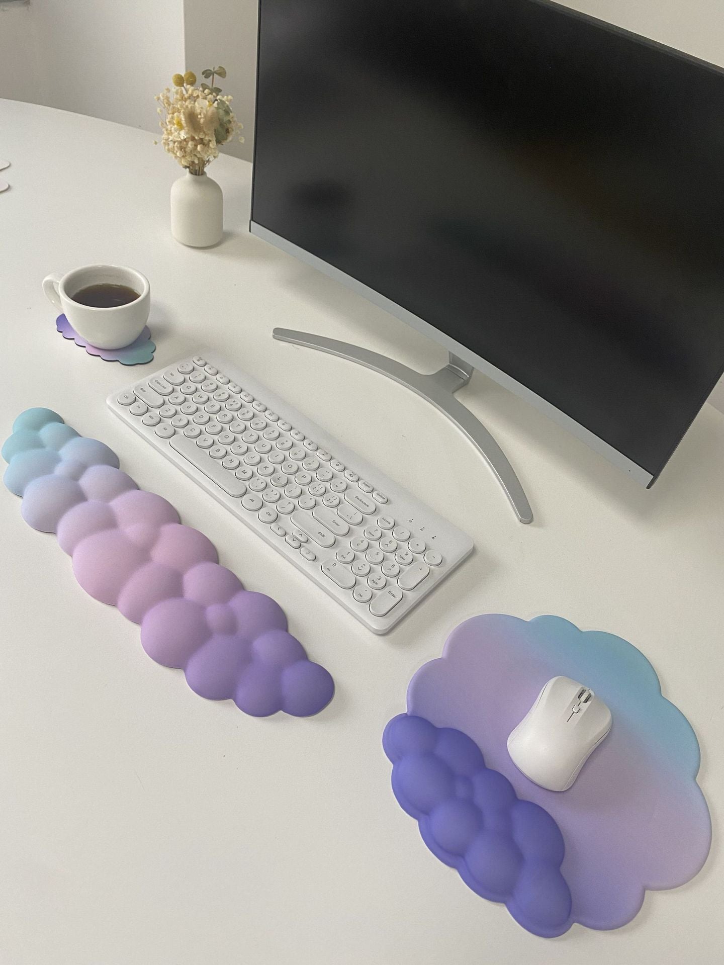Pastel Ergonomic Cloud Ombre Keyboard Pad, Wrist Pad & Coaster Set