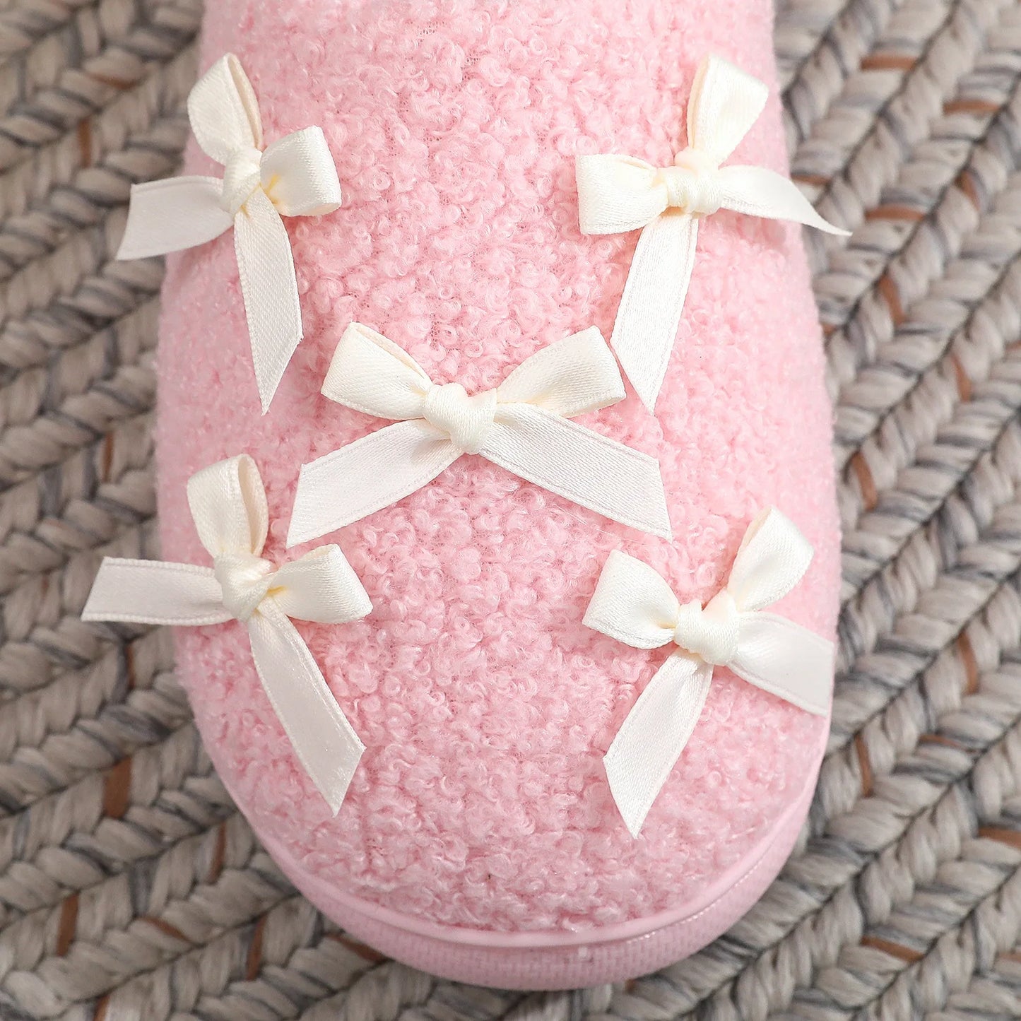 Cosy Pink Bow Plush Cream Slippers