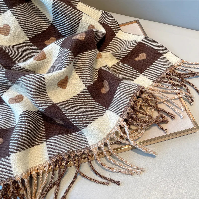 Knitted Heart-pattern Plaid Cozy Scarf in Neutral Brown
