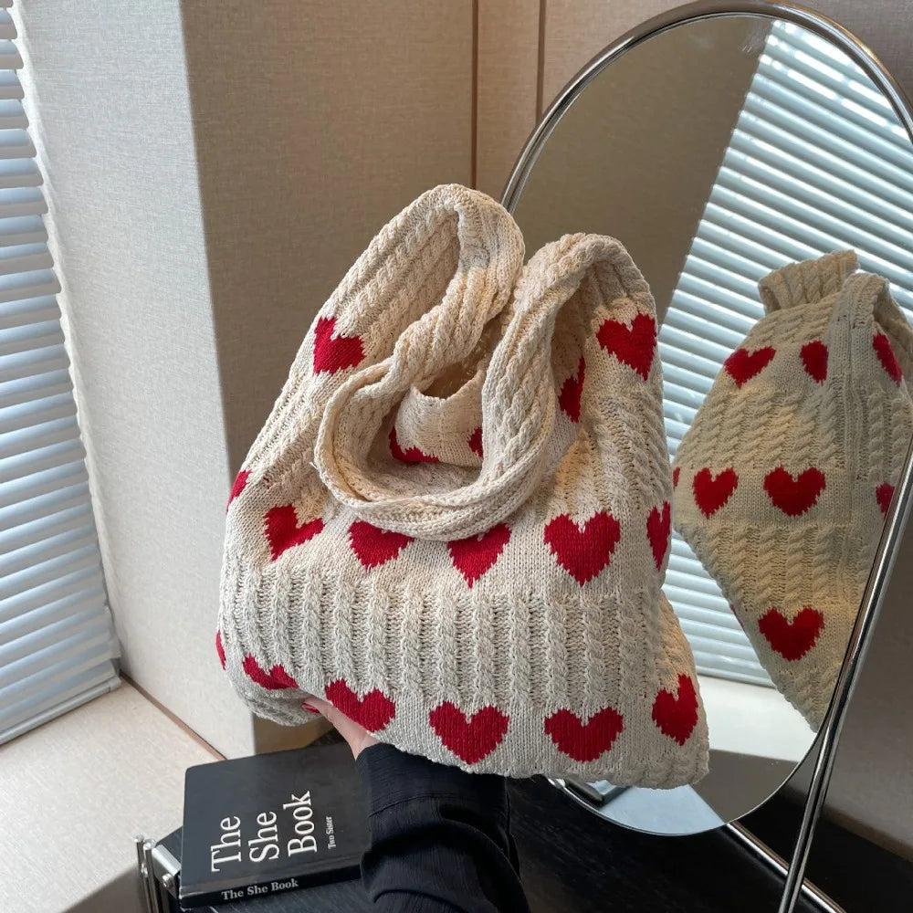 Knitted Heart Shopping Shoulder Bag with Heart Pattern