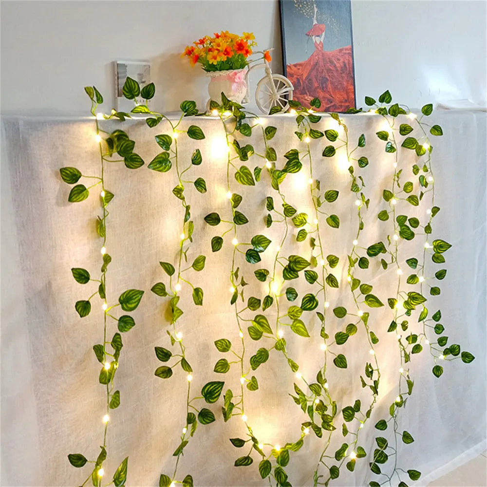 Cozy Lighting 2 Meter Fake Green Leaf Ivy Vine with LED String Lights for Gaming Set Up