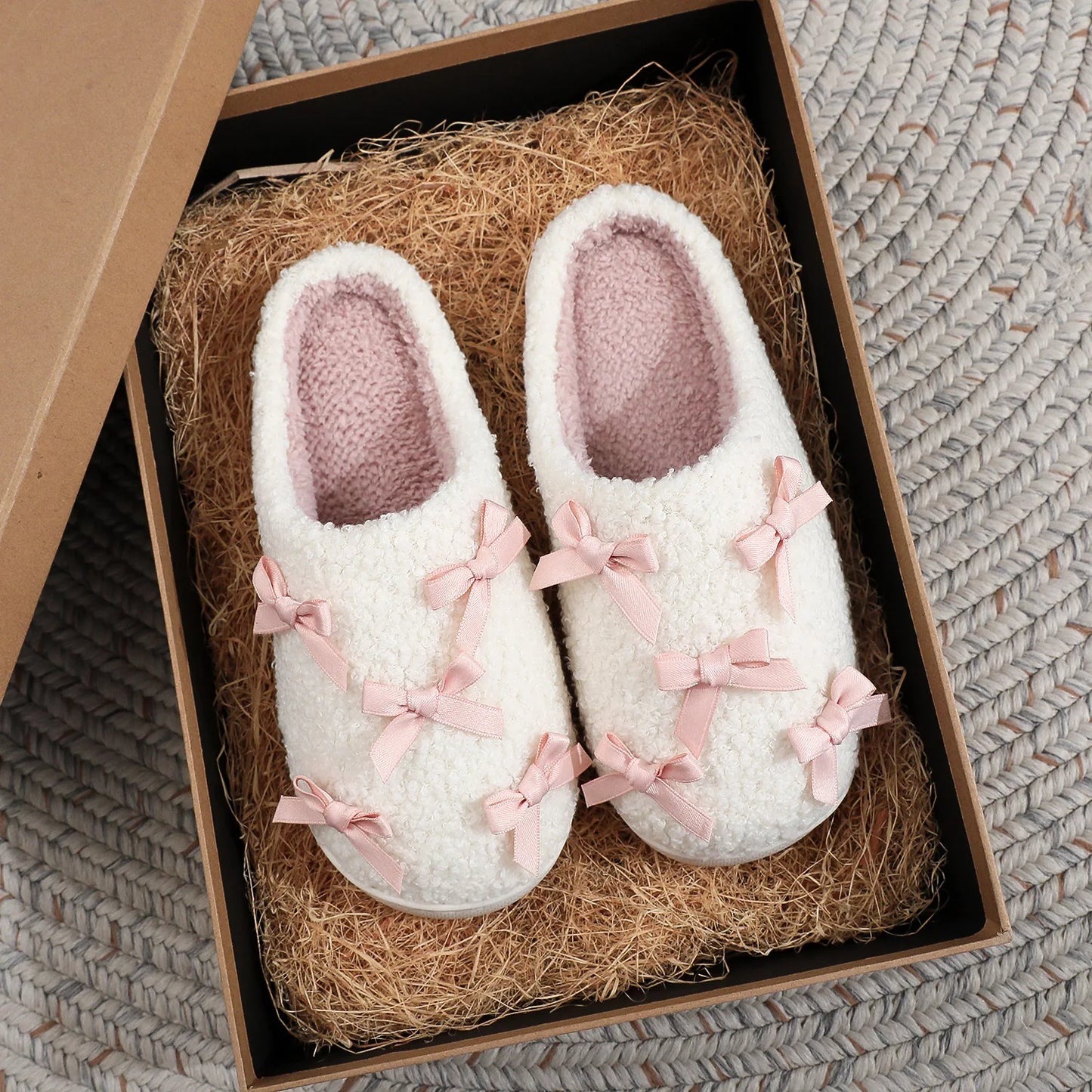 Cosy Pink Bow Plush Cream Slippers