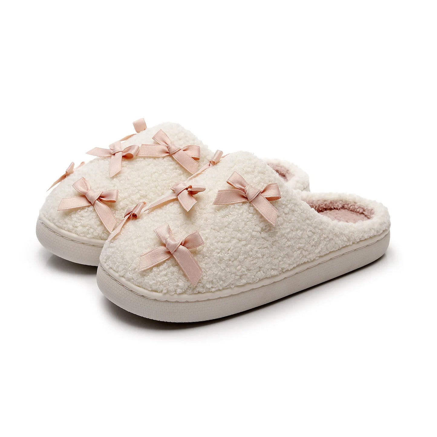 Cosy Pink Bow Plush Cream Slippers