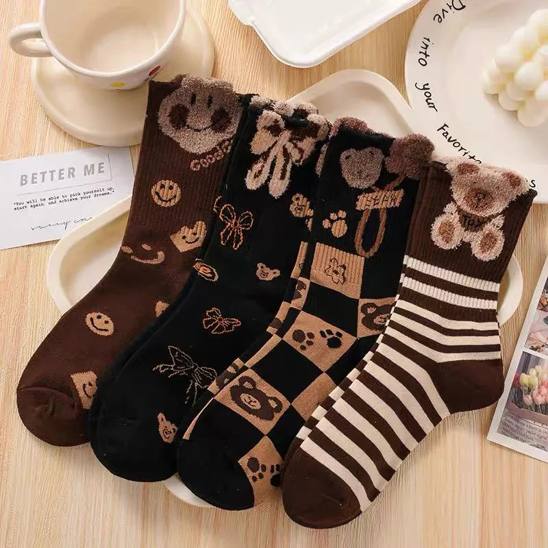 Cozy 5 Pairs of Bear Brown Cute Socks