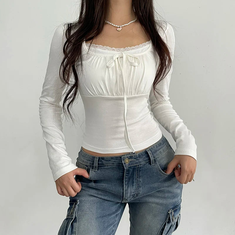 White Lace Patchwork Cute Kawaii Long Sleeve Cropped Top