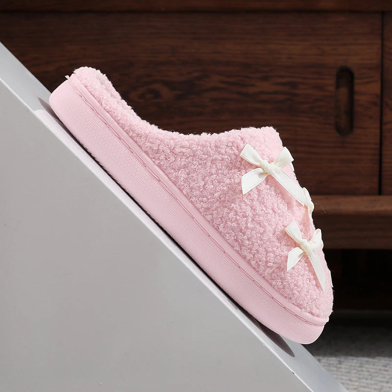 Cosy Pink Bow Plush Cream Slippers