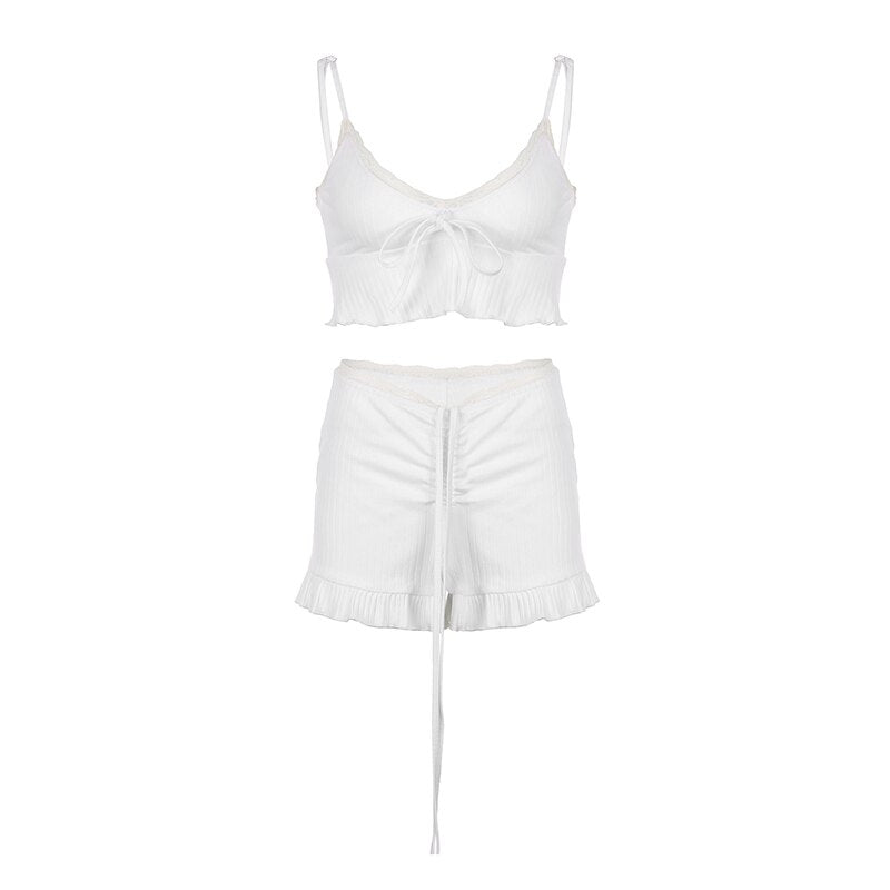 White Cute Kawaii Crop Top And Ruffle Shorts, Two Pieces Set