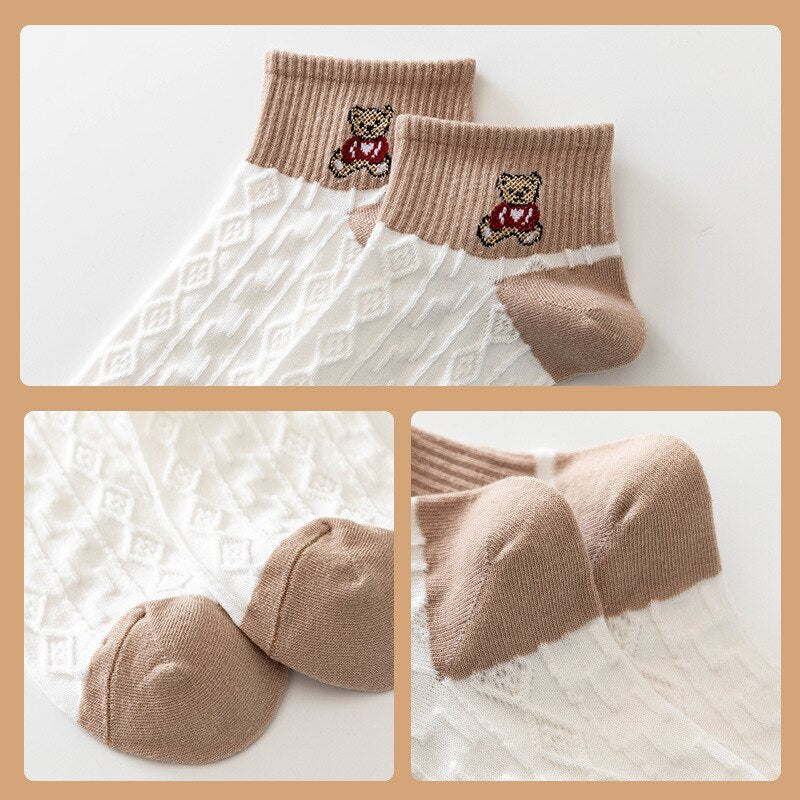 5 Pairs of Cute Neutral Bear Sneaker Ankle Socks