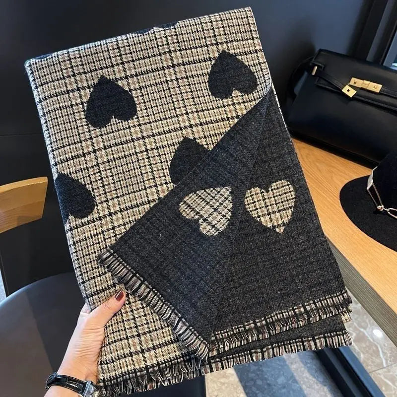 Cozy Black or Brown Heart Reversible Scarf for Fall and Winter