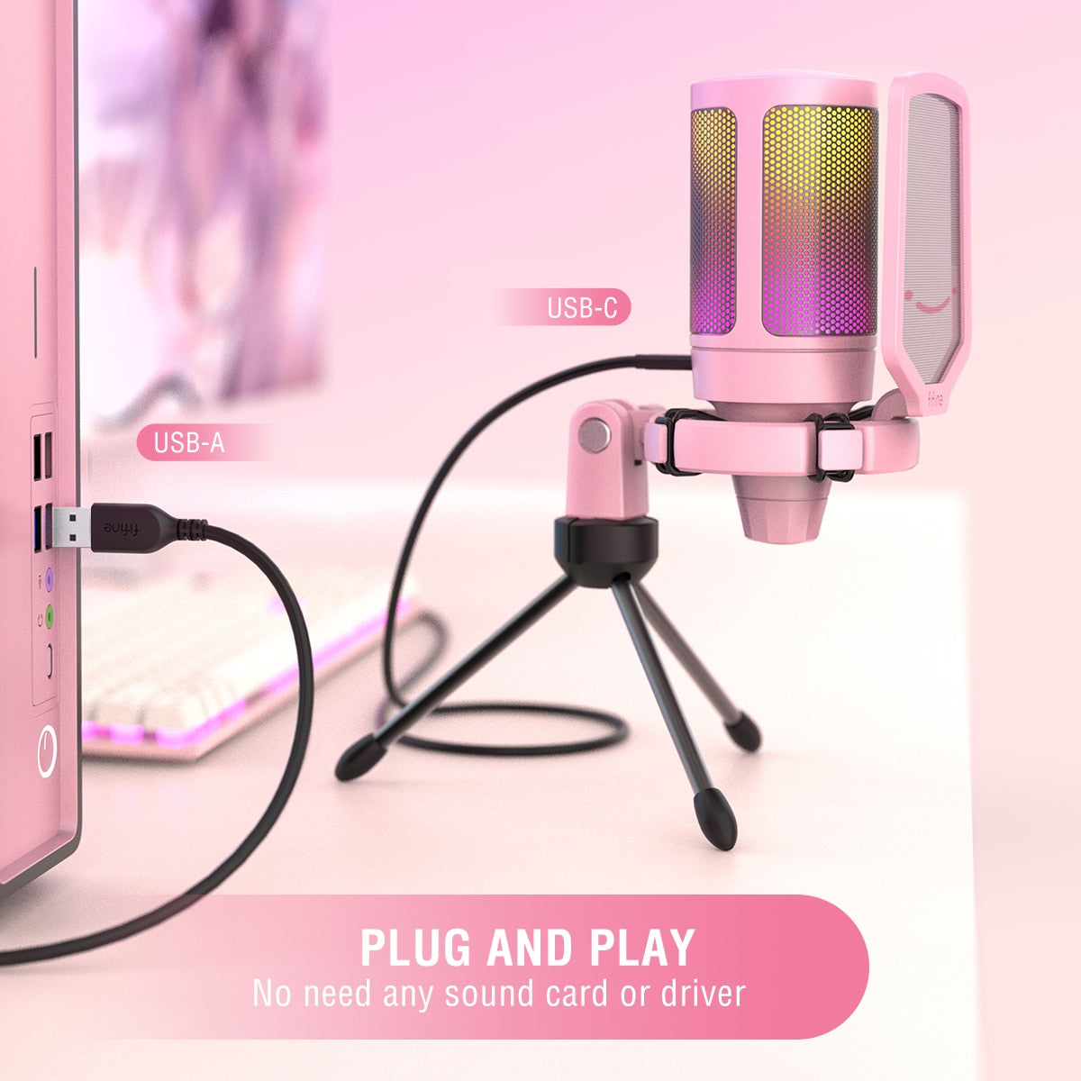 Pink Stylish USB Gaming PC Colour Changing Microphone for Streaming