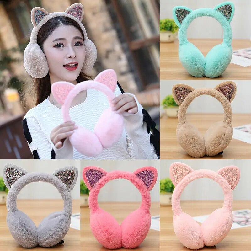 Winter Warm Cute & Cozy Plush Glitter Cat Ear Muff Warmers Headband