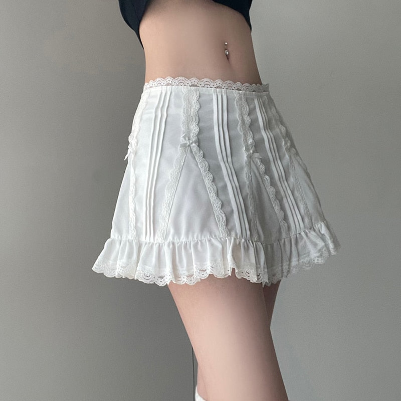 White Frill Kawaii Fairycore Bow Cute A-line Mini Skirt