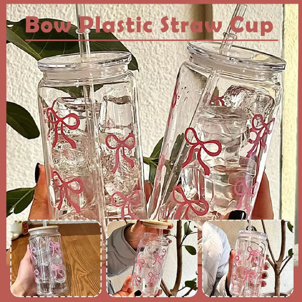 Pink Bow Plastic Iced Coffee Drinks Cup With Lid & Straw