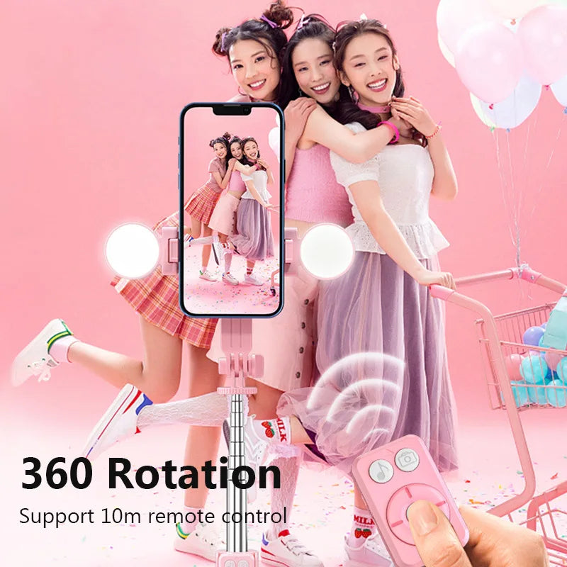 Pink Wireless Selfie Stick Stand with Light Bluetooth with Remote & Tripod