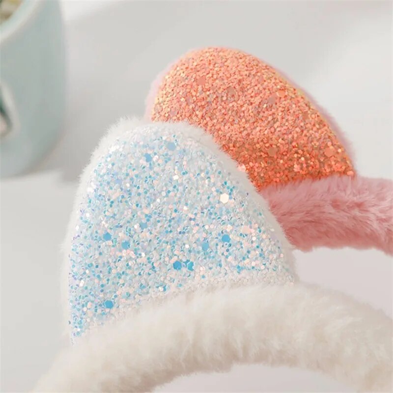Winter Warm Cute & Cozy Plush Glitter Cat Ear Muff Warmers Headband