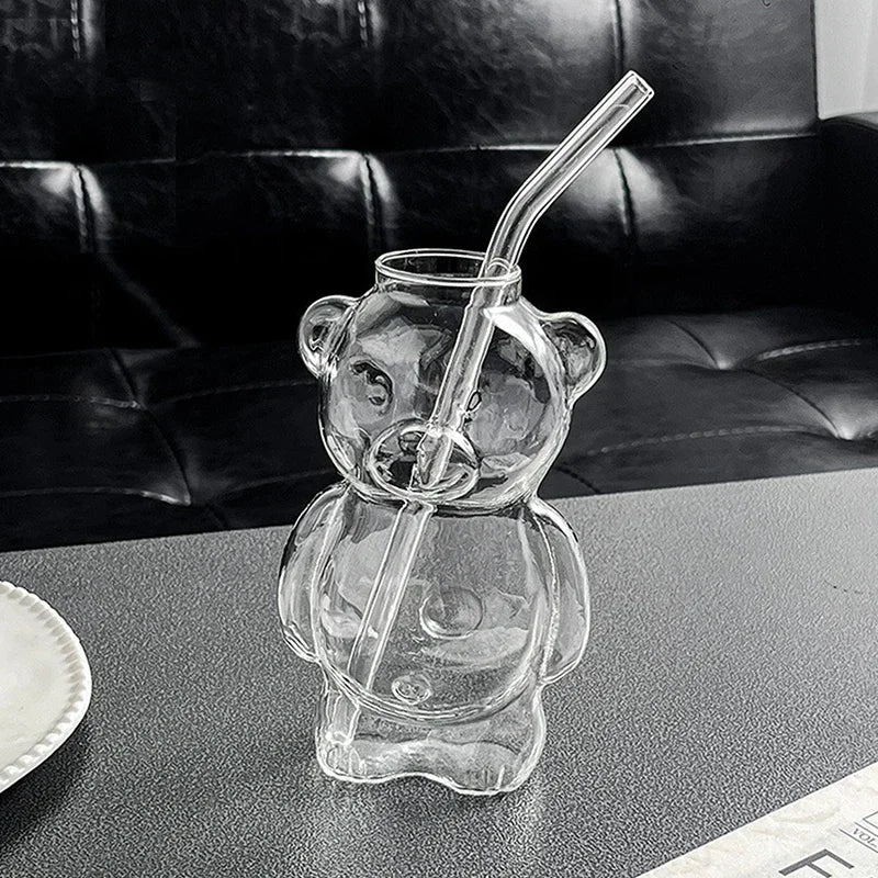 Cute Cartoon Bear Shaped Glass Cup With Straw