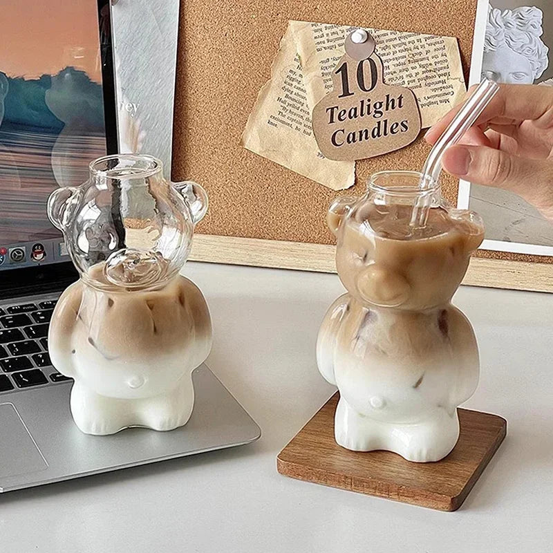 Cute Cartoon Bear Shaped Glass Cup With Straw