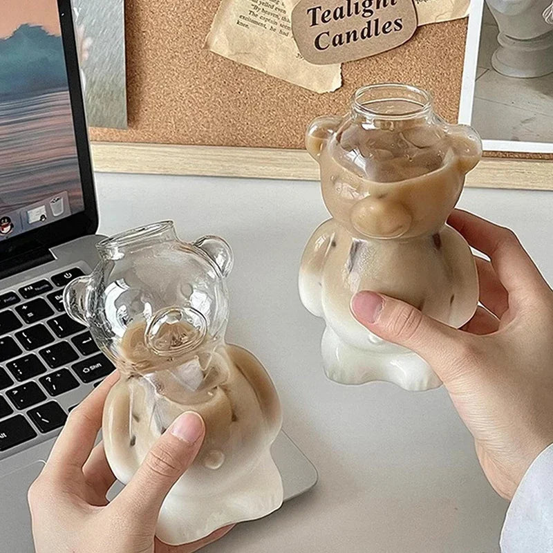 Cute Cartoon Bear Shaped Glass Cup With Straw