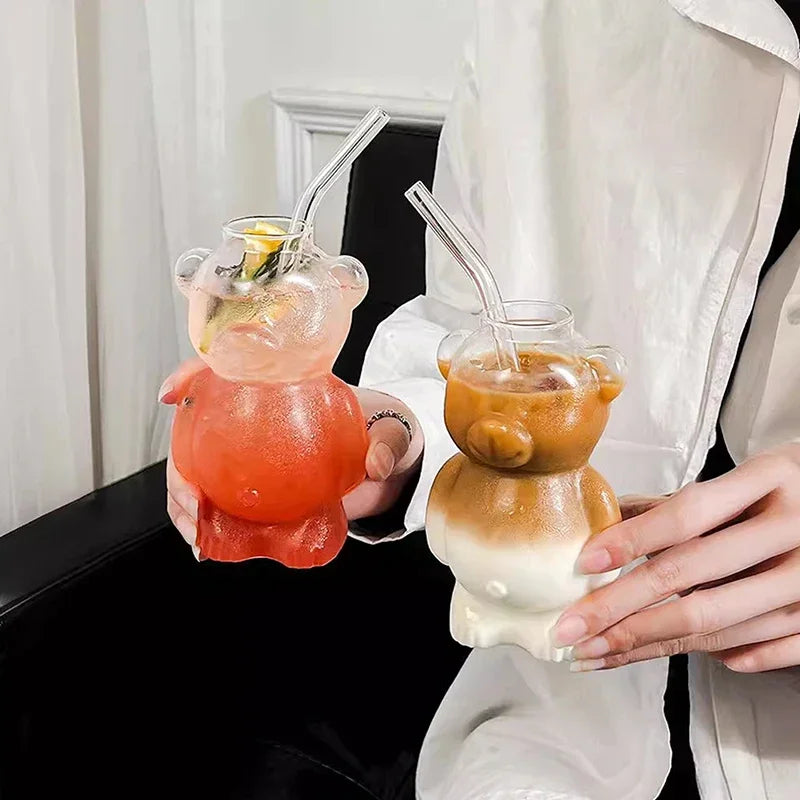 Cute Cartoon Bear Shaped Glass Cup With Straw