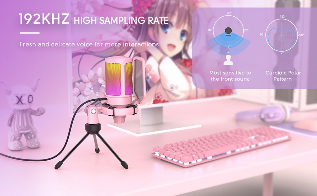 Pink Stylish USB Gaming PC Colour Changing Microphone for Streaming