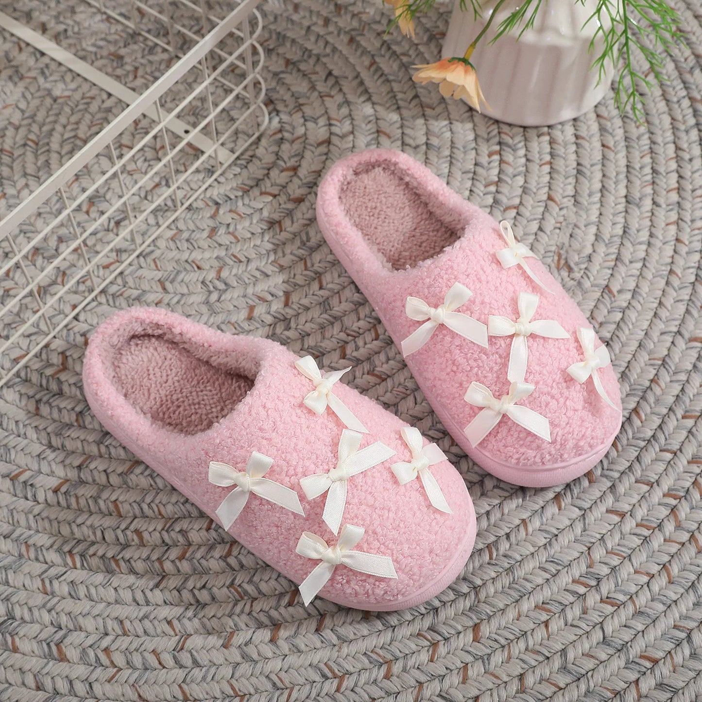 Cosy Pink Bow Plush Cream Slippers