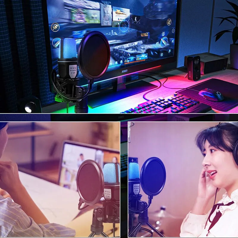 Black USB Microphone RGB for Streaming Laptop, Desktop PC