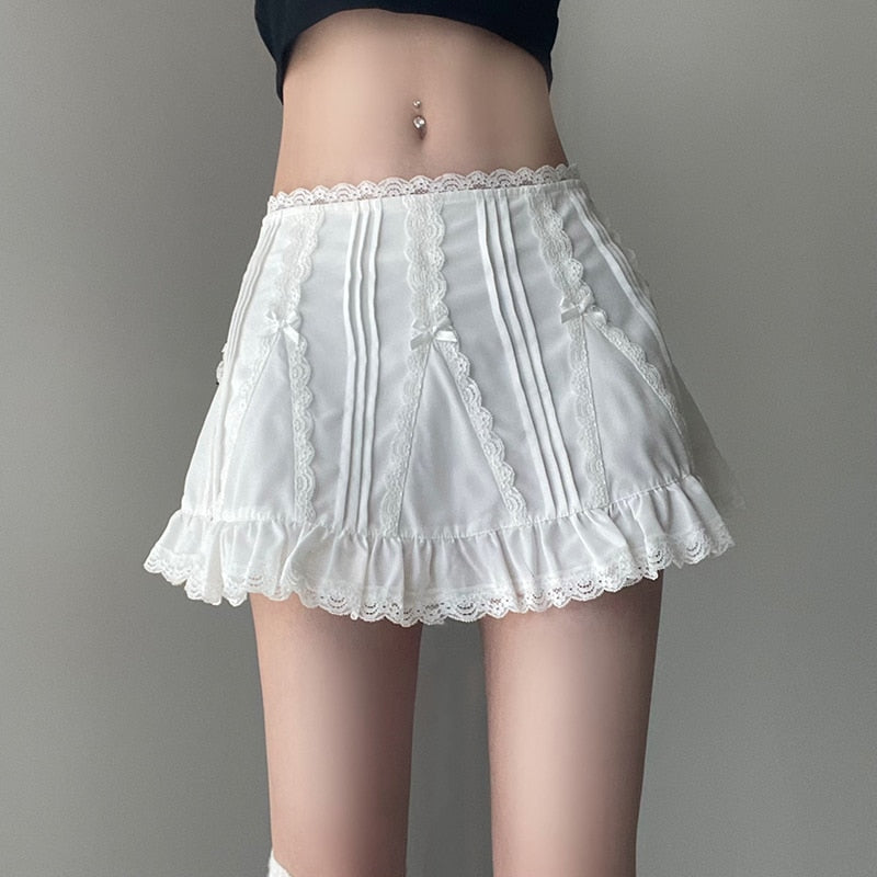 White Frill Kawaii Fairycore Bow Cute A-line Mini Skirt