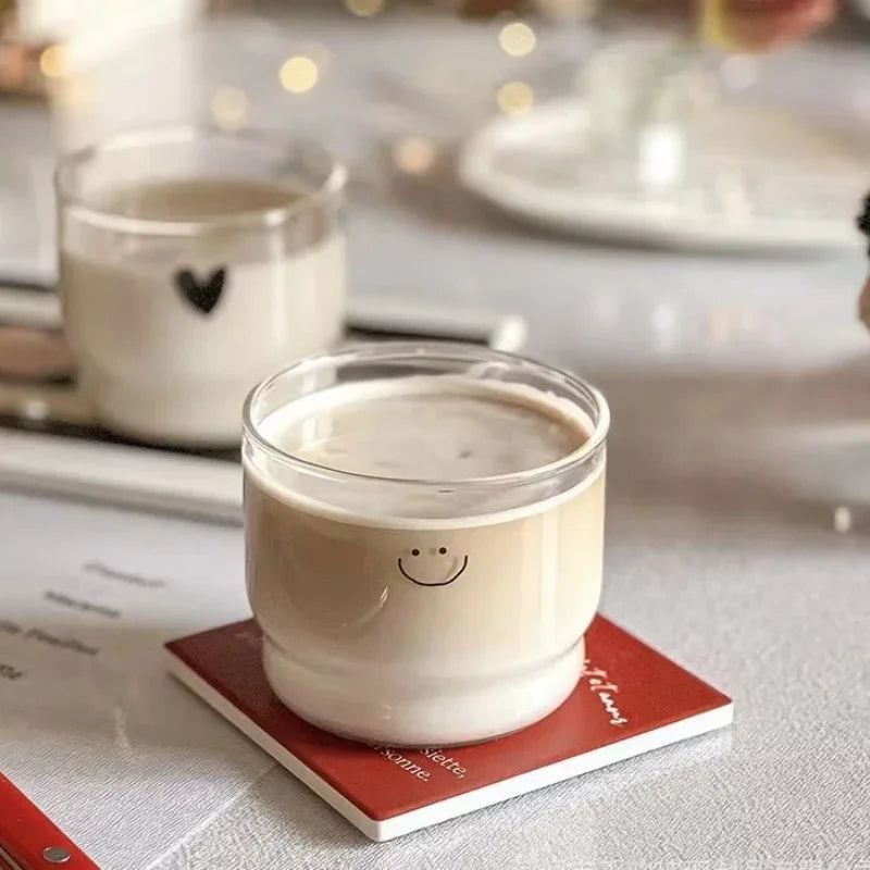 300ml Black Heart Smiley Face Glass Coffee Cup Heat Resistant Mug