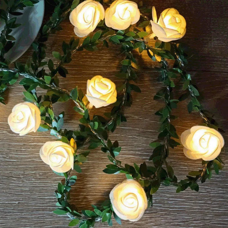 Rose flower string lights available in lengths of 1.5 to 3 meters with 10 or 20 LEDs in white