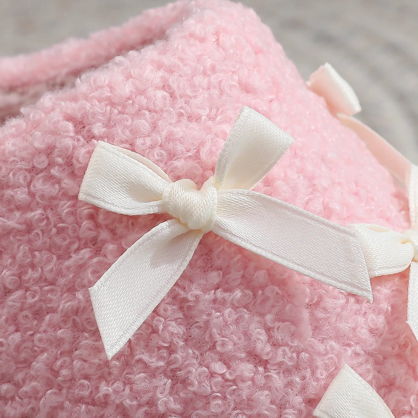 Cosy Pink Bow Plush Cream Slippers