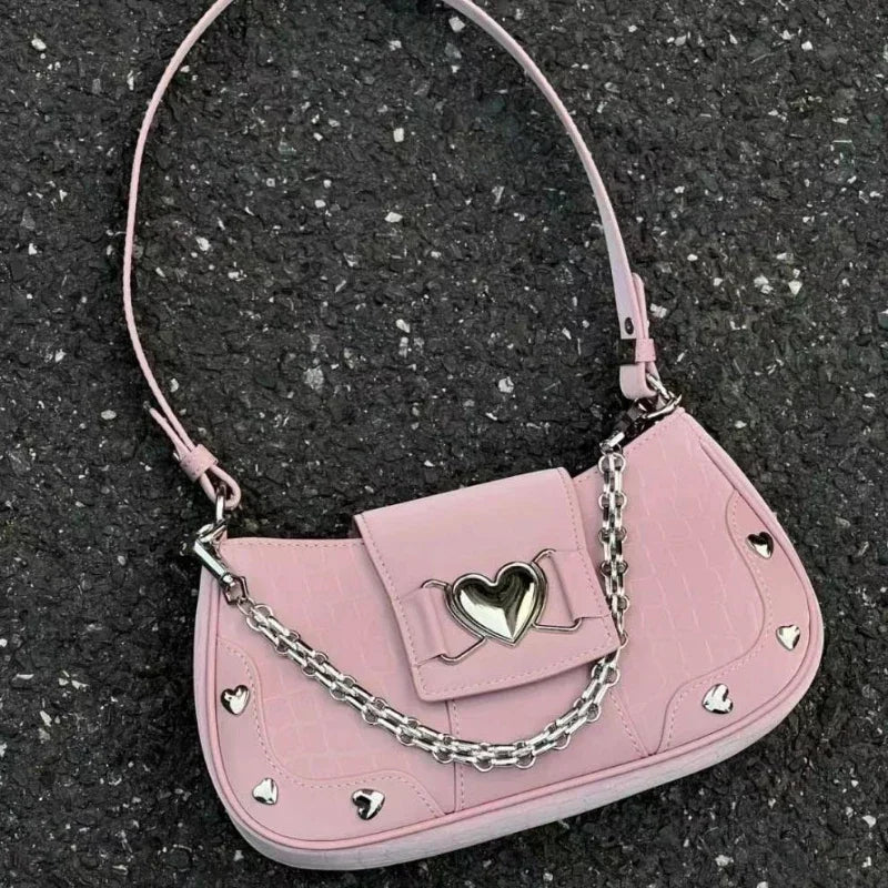 Pink Shoulder Bag with Metal Chain and Heart Y2K Style Underarm Bag