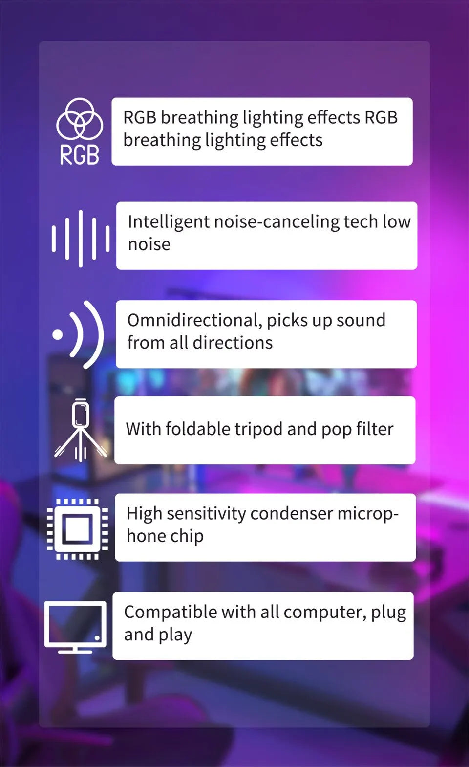 Black USB Microphone RGB for Streaming Laptop, Desktop PC