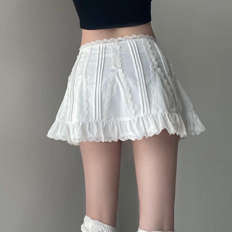 White Frill Kawaii Fairycore Bow Cute A-line Mini Skirt