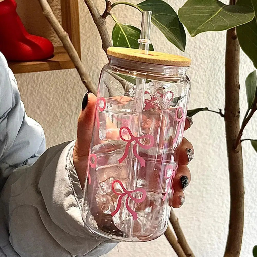 Pink Bow Plastic Iced Coffee Drinks Cup With Lid & Straw