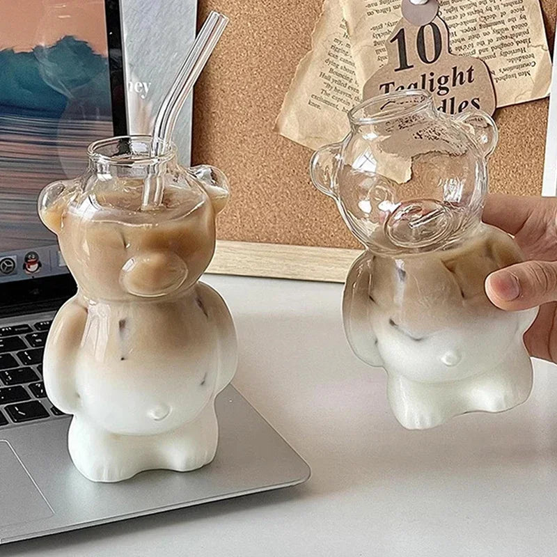 Cute Cartoon Bear Shaped Glass Cup With Straw