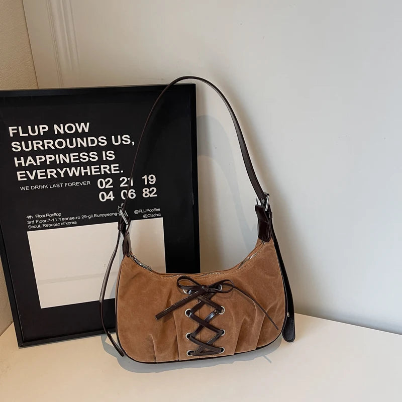 Neutral Brown Underarm Lace Up Shoulder Hand Bag