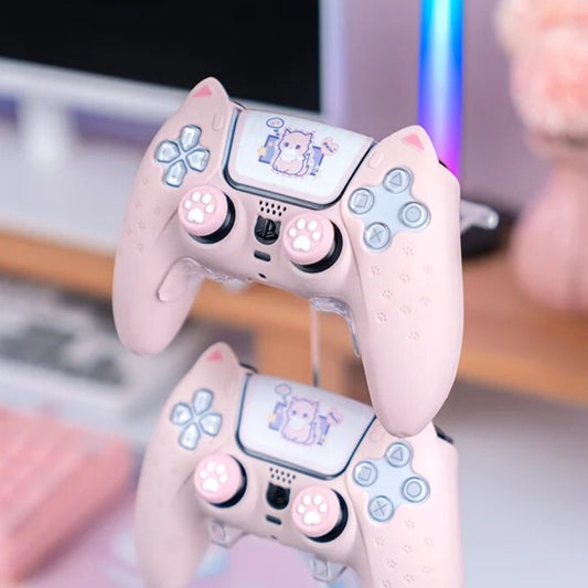 Cute Kawaii Pink Cat PS5 Silicone Controller Shell Cover Case with Thumb Grips