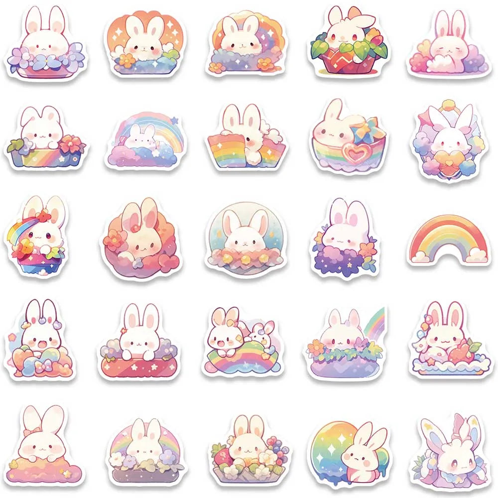 50pcs Cute Cartoon Rainbow Rabbit Stickers