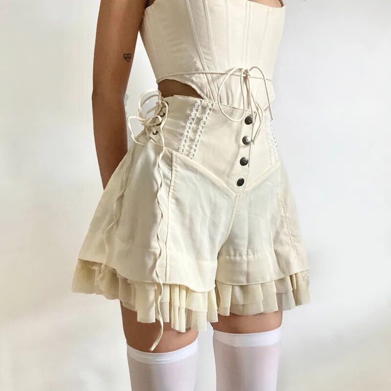 Tiered Ruffle Kawaii Cosplay Shorts in Cream