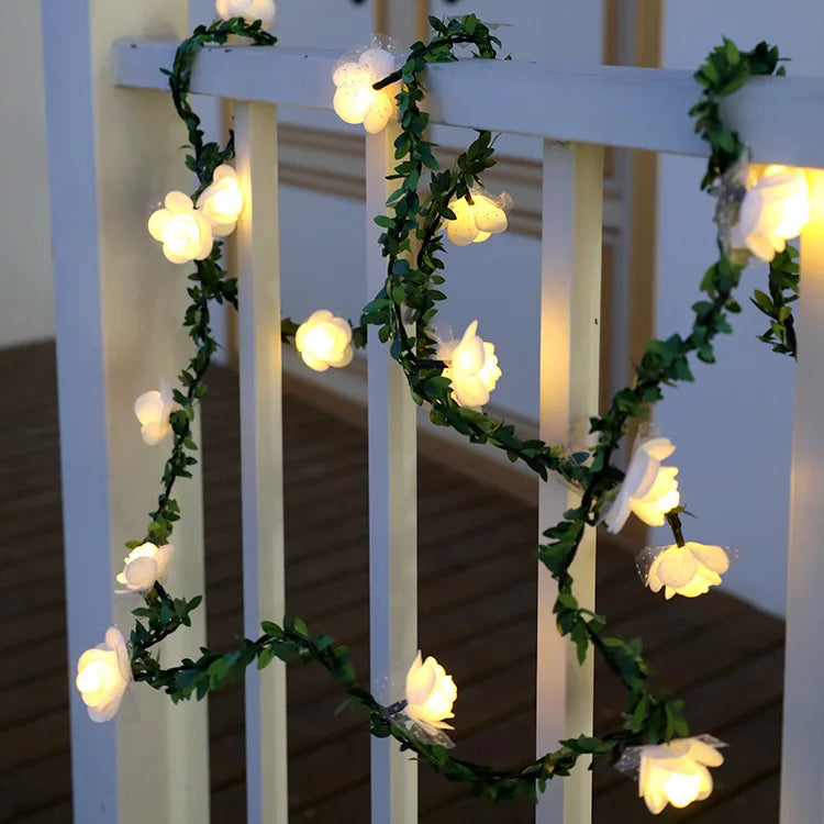 Rose flower string lights available in lengths of 1.5 to 3 meters with 10 or 20 LEDs in white