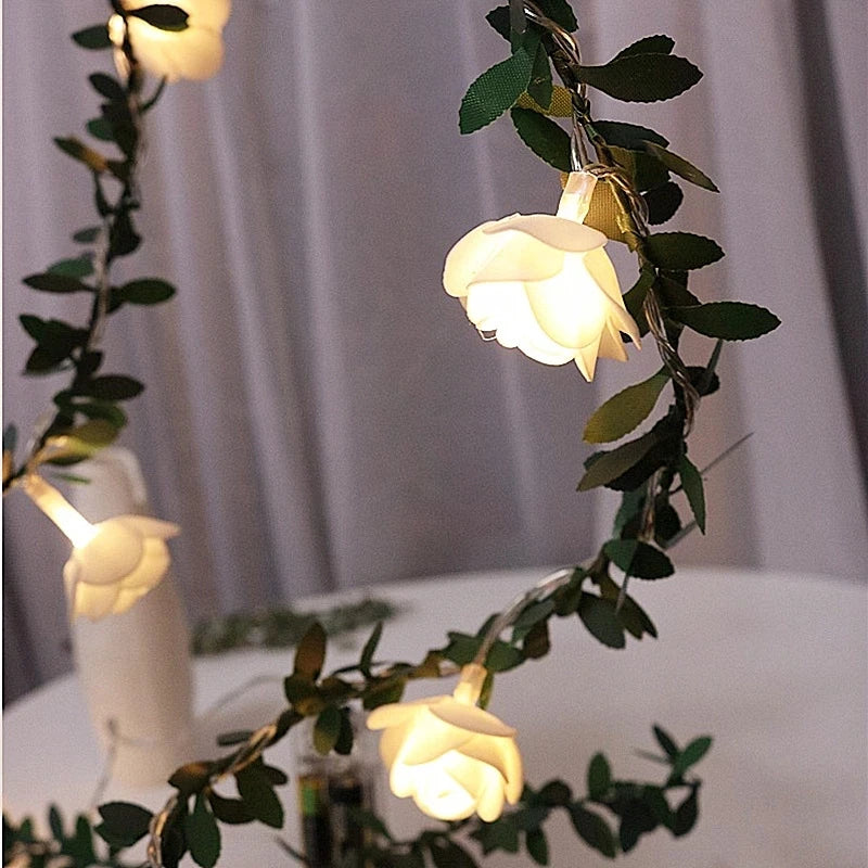 Rose flower string lights available in lengths of 1.5 to 3 meters with 10 or 20 LEDs in white