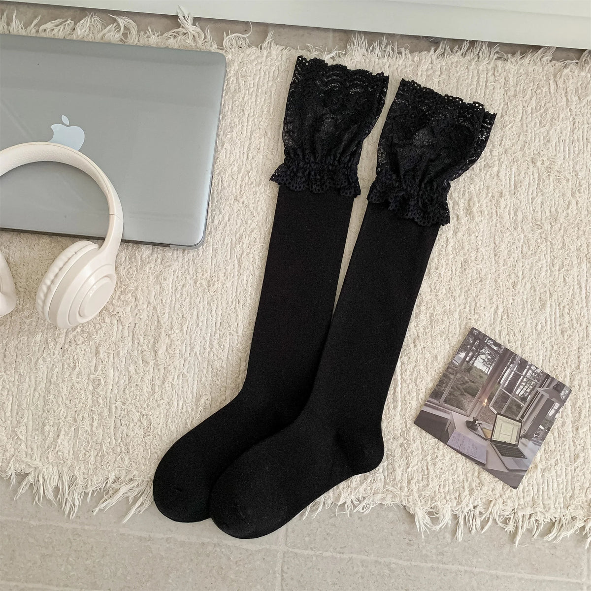 Dark Academia Autumnal Lace Ruffle Calf Socks