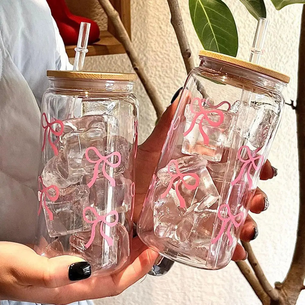 Pink Bow Plastic Iced Coffee Drinks Cup With Lid & Straw