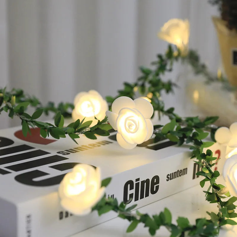 Rose flower string lights available in lengths of 1.5 to 3 meters with 10 or 20 LEDs in white