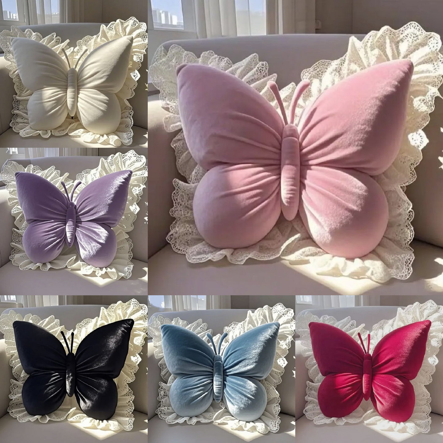 Cute Pink Frill Velvet Butterfly Bow Cushion (Various Colours)