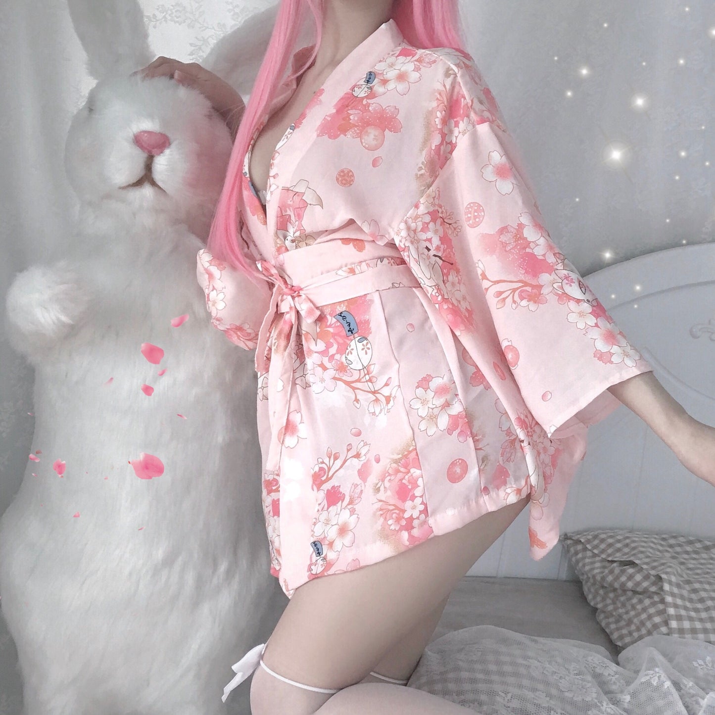 Cute Pink Floral Japanese Cosplay Kimono Pyjamas