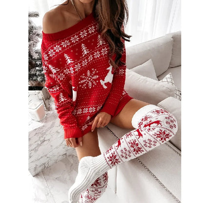 Cozy Reindeer Christmas Knitted Stocking Knee High Socks (Red, White, Gray)