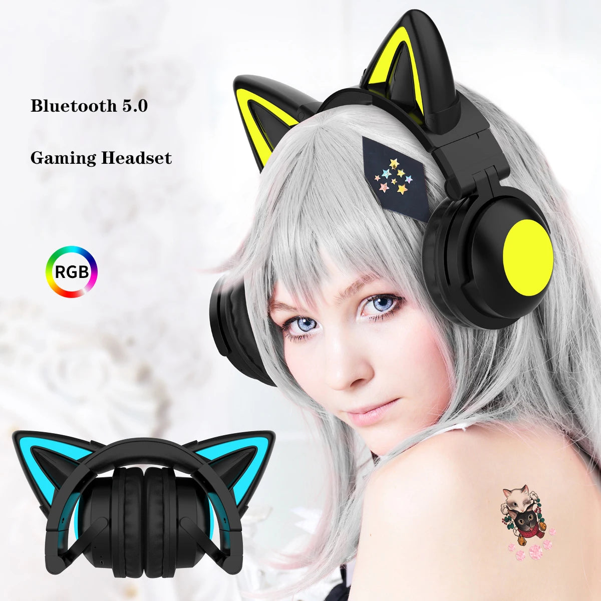 RGB Cute Streamer Cat Ear Wireless Headsets with Mic 7.1, Bluetooth 5.0
